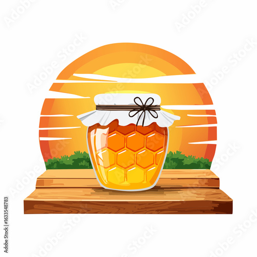 Polished round icon of a honey jar and sunset backdrop designed for product pages, websites, and promotionalMaterial
