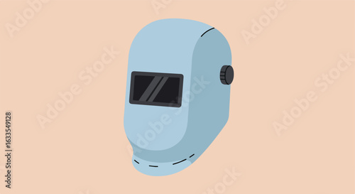 Light-blue welding mask with black viewing area on light-pink background