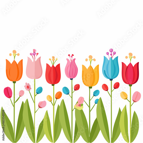 Playful circular border of petals and leaves forming a garden of color, suitable for greeting cards, branding, and product packaging
