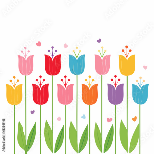 A lively round illustration featuring an array of tulips in various colors, ideal for wedding stationery, garden shops, and seasonal campaigns

