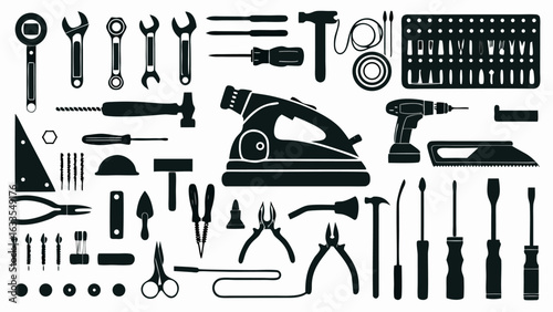 Illustration showing an assortment of tools including wrenches, pliers, screwdrivers, and an iron silhouette