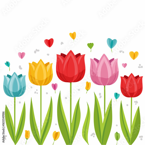 A vibrant circular frame of assorted tulips in bright hues, perfect for spring marketing, floral catalogs, and cheerful branding for events
