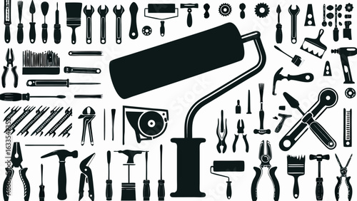 Illustration of various tools including wrenches hammers screwdrivers pliers and painting equipment tools silhouette