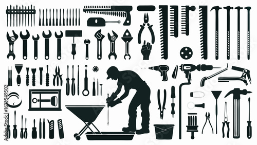 Illustration showing a variety of tools and a person working with a tool on a cart like structure silhouette