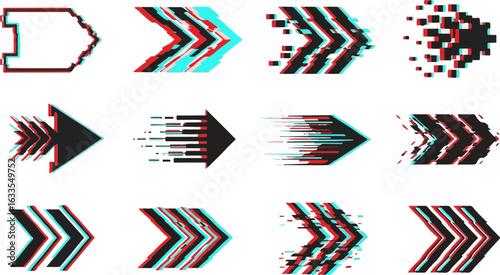 Glitch arrow icon set with speed effects, digital distortion, and pixel transition isolated on white