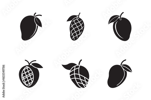 Black and White Mango Fruit Icons Set Fresh Tropical Food Vector Graphic Design Elements Collection for Healthy Eating and Diet