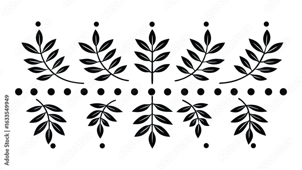 Fototapeta premium Vector art of black and white botanical border with leaves and dots, isolated on white background.