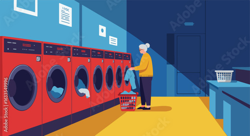 Woman at laundromat loading clothes into a red washing machine