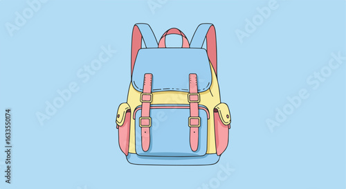 Illustrated rucksack with buckle straps, front pockets on light blue background