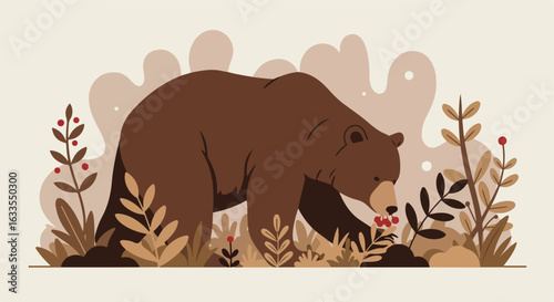 Illustration bear eating berries among plants on beige background