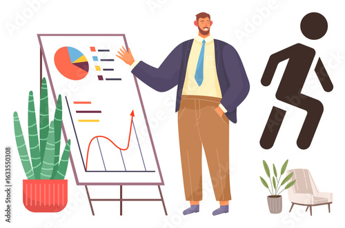 Man explaining graphs and charts on a board beside planters and walking figure. Ideal for analysis, training, presentation, leadership, growth, education, motivation visuals. A simple flat metaphor