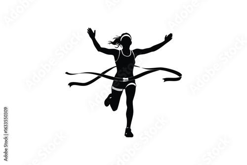 Dynamic silhouette of a triumphant female runner breaking through the finish line tape with arms raised in victory and celebration symbolizing achievement and success silhouette
