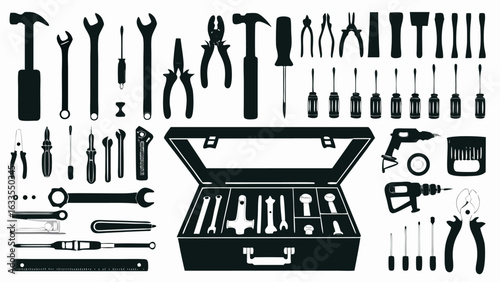 Illustration of a toolbox filled with various hand tools including screwdrivers wrenches and pliers in black and white silhouette