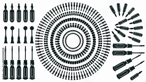 Illustration showing various screwdrivers arranged in groups and concentric circles on a white background silhouette