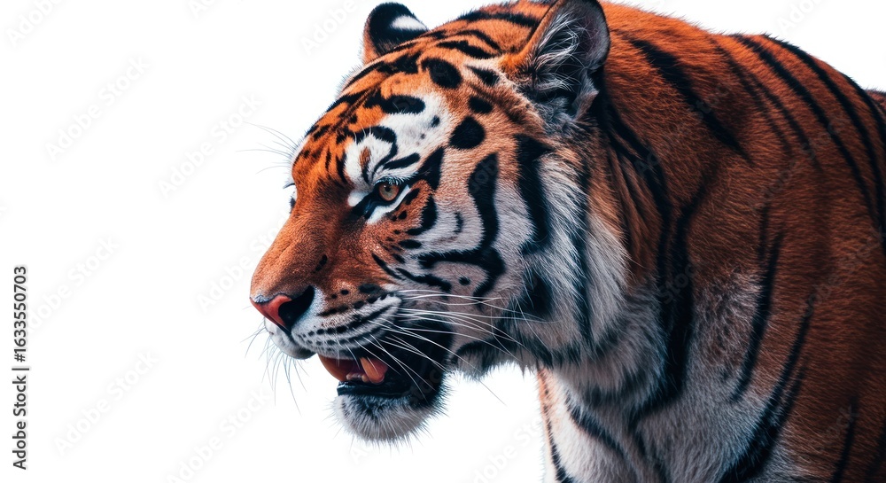 Fototapeta premium Majestic profile of a bengal tiger with intense focus against a crisp white backdrop