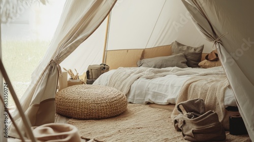 Cozy beige canvas tent bedroom with a bed and natural accessories