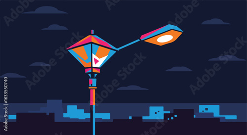 Colorful lamp post stands above city skyline at night, clouds dot dark sky