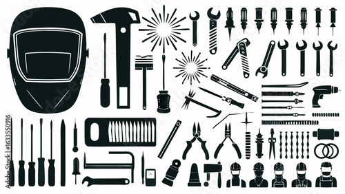 Illustration showcasing an assortment of tools including wrenches screwdrivers and safety equipment items 100 silhouette