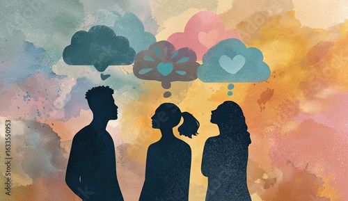 Teenagers talking, relationship issues, colorful background, mental health counseling illustration