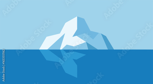 Flat iceberg with reflection against a light blue sky, dark water