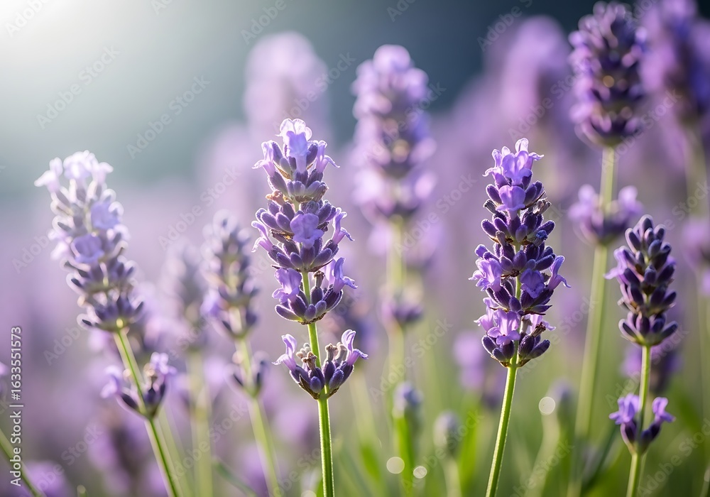 Naklejka premium Close up of lavender flowers in a field with a soft, blurred background.