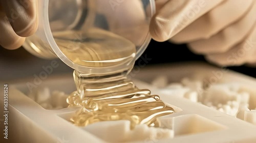 Close-up of Person Wearing Gloves Pouring Clear Resin into Silicone Mold for Crafting