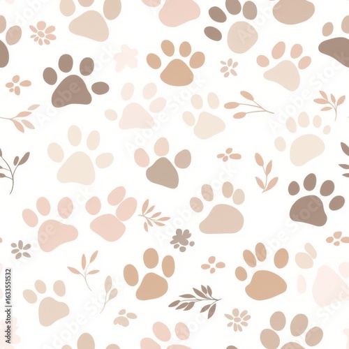Paw Print Pattern: A delightful seamless pattern features a charming arrangement of paw prints in a soft, inviting color palette. evoking the warmth and affection associated with animal companionship.