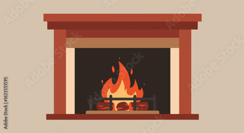 Fireplace with logs burning and a reddish-brown mantle