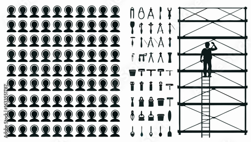Silhouette illustration of people icons tools and a construction worker on scaffolding structure