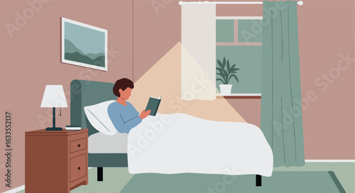 Person reads in bed under lamp light. Soft hues, relaxing scene