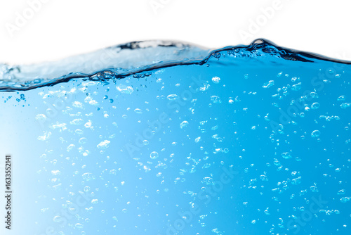 Air Bubbles Float Up in Water. Water Splashing, Pure Drinking Water, Oxygen Relaxation. Blue Water Textured on White Background.	
