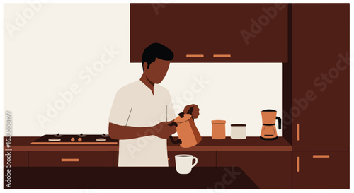 Man pours a drink in a kitchen