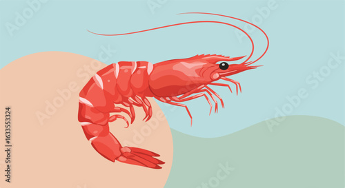 A bright red shrimp with long antennae on a pale background