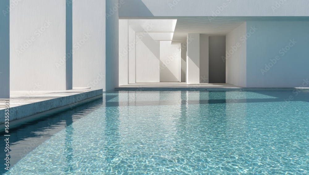 Fototapeta premium Modern white architecture, pool, sunlight, minimalist design, tranquil scene, luxury resort, summer vacation