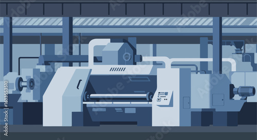 Complex illustration of a blue shaded industrial machine indoors