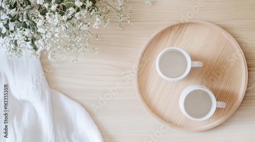 Light-toned wooden tray holds two white mugs, with delicate white flowers and a draped white cloth