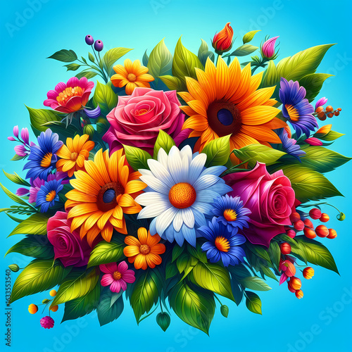 Beautiful floral pattern with beautiful, delicate flowers and foliage in watercolor style. Blue, pink, yellow, green shades. Pattern on a blue background for textiles, backgrounds, postcards