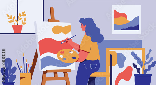 Woman paints abstract art on canvas at home, art on the walls, potted plants