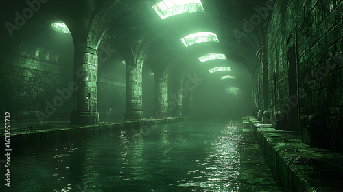 Subterranean waterway illuminated by ceiling windows
