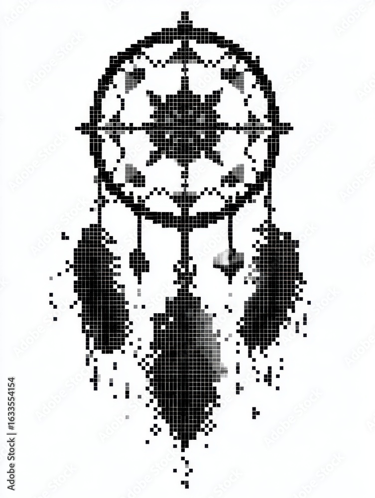Obraz premium Pixelated Black and White Dreamcatcher Illustration
