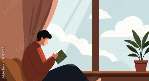 Reader near window, flat illustration