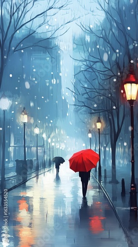 Snowy, rainy city street with red umbrella