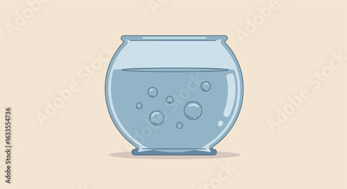 Round, cartoon fishbowl with water and bubbles on a light beige background
