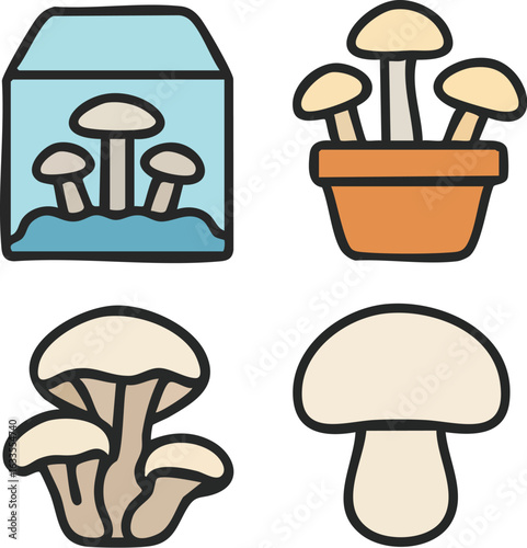 Colorful mushroom cultivation and growth icon set.