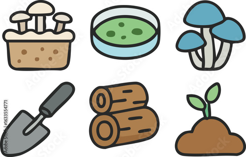 Colorful cartoon icons for mushroom farming and horticulture.