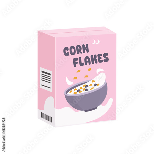 Corn flakes box. Cereal box. Breakfast diet food. Blueberry corn flakes flavor. Packaging box. Mockup product.