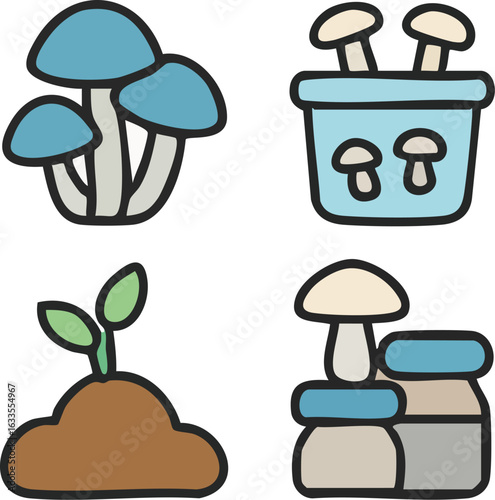 Cute Mushroom Illustrations Growing and Harvesting.
