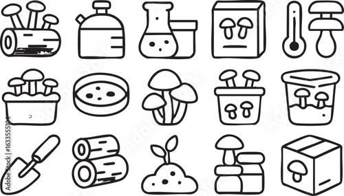 Hand Drawn Mushroom Cultivation and Mycology Icons.