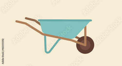 Minimalist light blue wheelbarrow illustration with brown wheel and handles