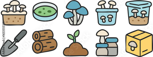 Mushroom Cultivation and Mycology Icons Set.